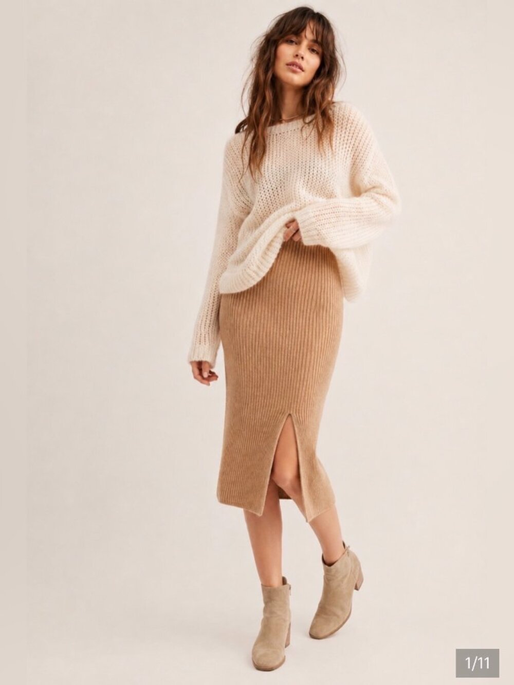 Free People Skyline Midi Skirt Ribbed Knit Slit Front Pull-On Camel Tan Straight